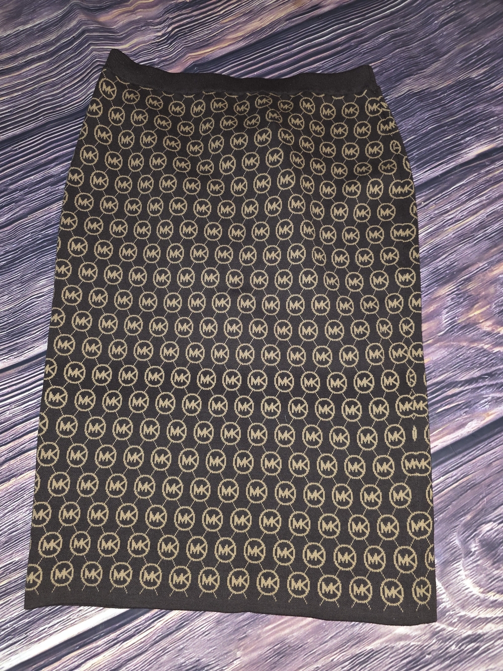 Michael Kors Black and Gold MK Logo Knit Pencil Skirt